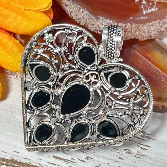 Heart Pendant Black Onyx Large Gemstone Handmade Statement 925 Silver Bohemian - Picture 5 of 10